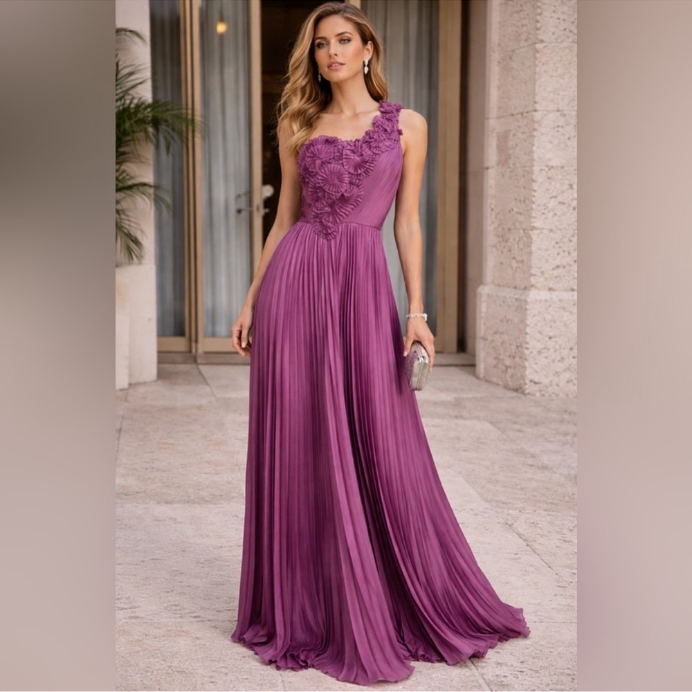 NEW BCBGMAXAZRIA Purple Pleated One-Shoulder Maxi Dress